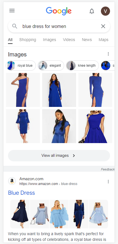 Google Search including optimized images for blue dresses for women